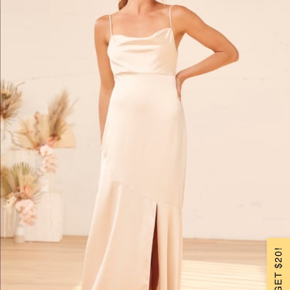 Lulus dress - Moment in the Spotlight Champagne Satin Cowl Neck Maxi Dress